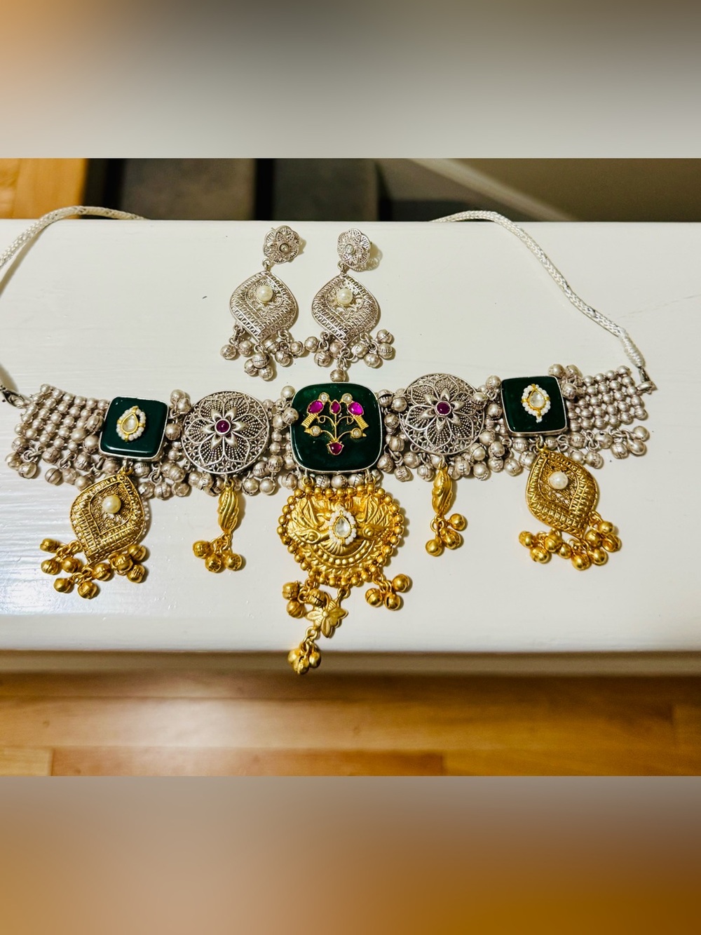 Brass Two-Tone Green and Gold Statement Choker Necklace with Matching Earrings